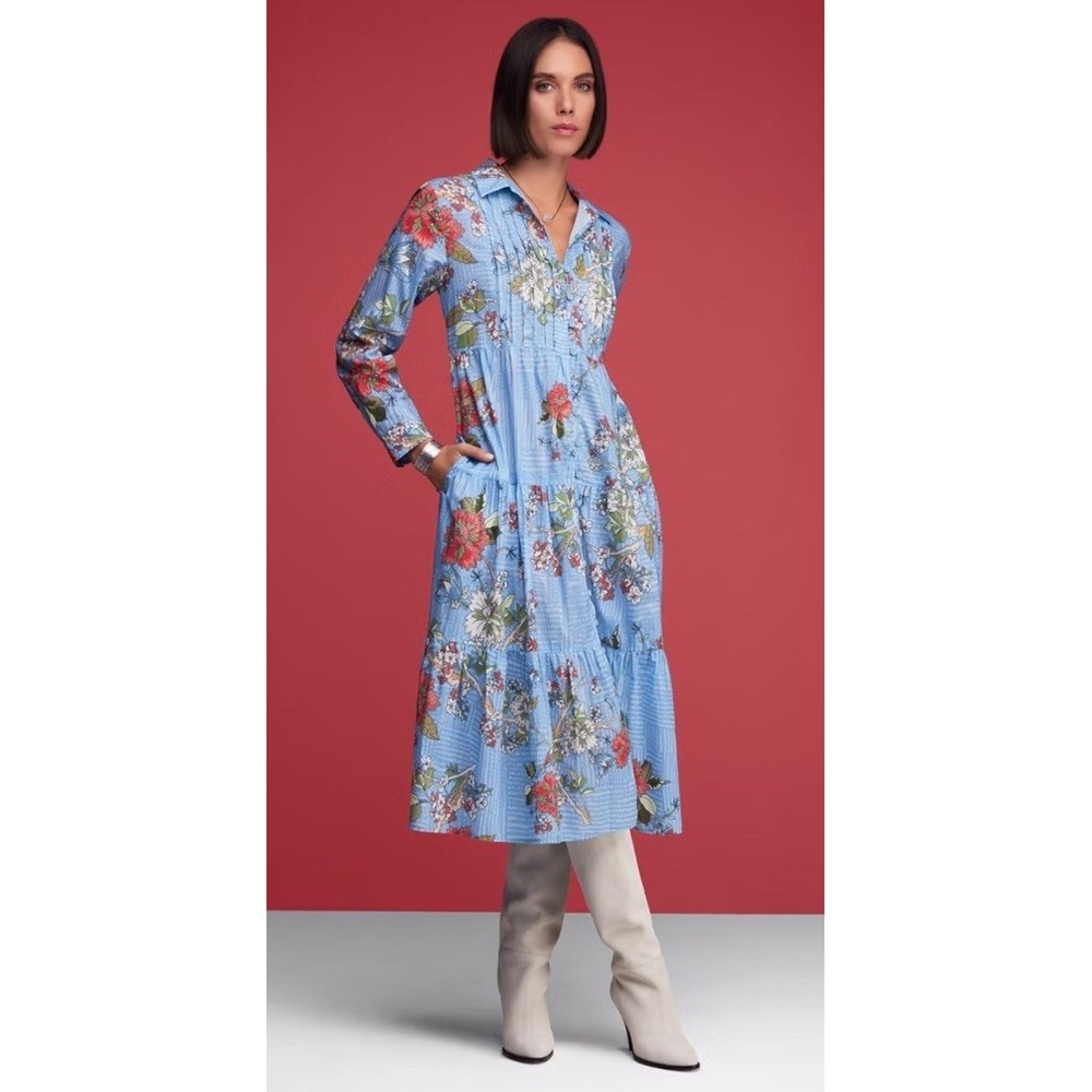 Johnny Was Size Small Mosaic Tiered Wanderer Midi Shirt Dress Blue Floral Cotton